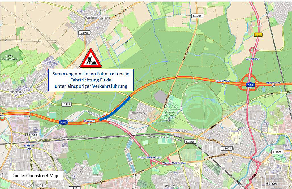 Ab heute, Montag: Fahrbahnsanierung auf der A 66 in Fahrtrichtung Fulda