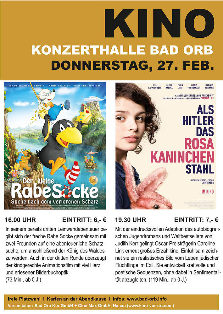Am 27. Februar im „Kino Bad Orb“:  „Als Hitler das rosa Kaninchen stahl“ und „Der kleine Rabe Socke 3“