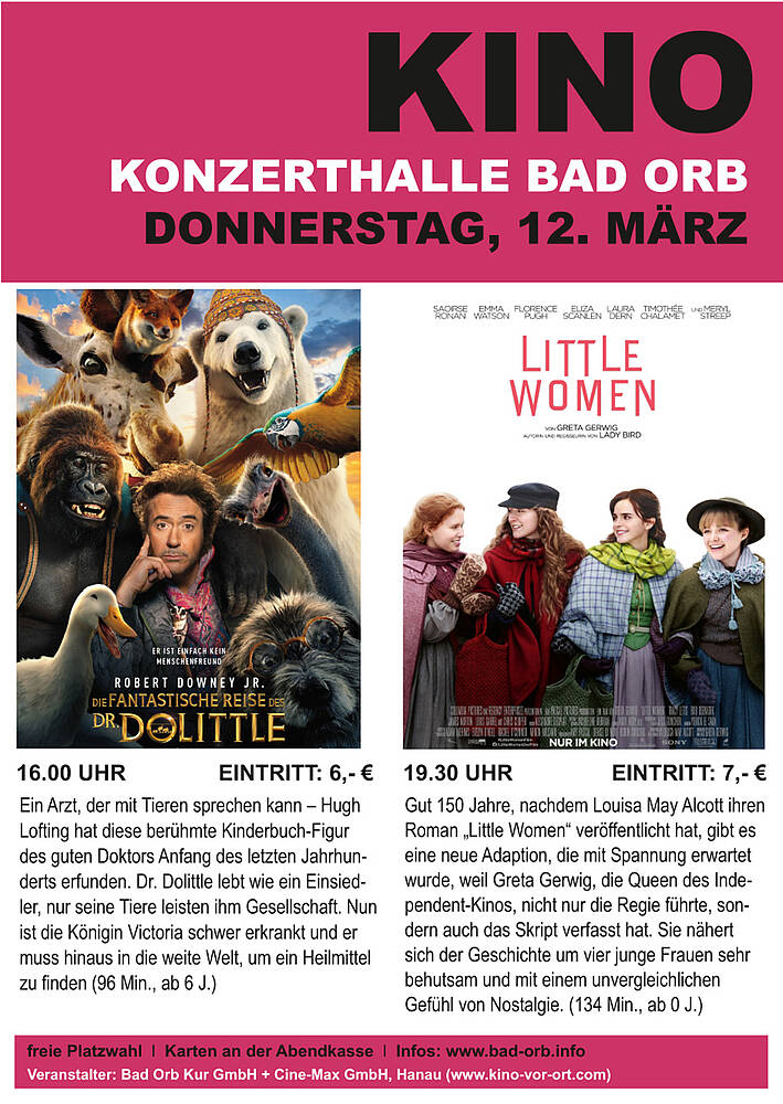 „Little Women“ und „Die Fantastische Reise des Dr. Dolittle“ am 12. März im „Kino Bad Orb“